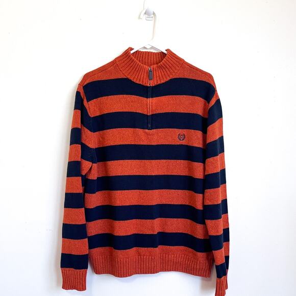 Chaps Ralph Lauren Mens Sweater Size L Orange Navy Striped Preppy Nautical Crest - Picture 1 of 9
